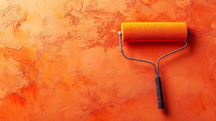 Orange textured wall with paint roller, home improvement and renovation concept