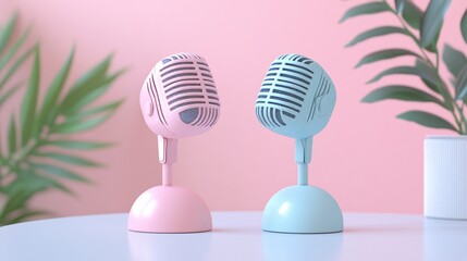 Two pastel microphones, pink and blue, on a table with a pink background.