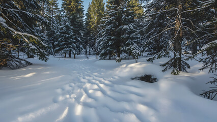 Obraz premium Snowy Forest Path, Winter Wonderland Woods, Pine Trees in Fresh Snow