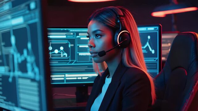 Woman programmer coding software development it support engineer working on computer screens tech job. Operator working in a digital office. Technology expert in a cyber workspace