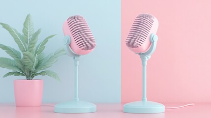 Two Pink Microphones on Stands with Potted Plant on Pastel Background