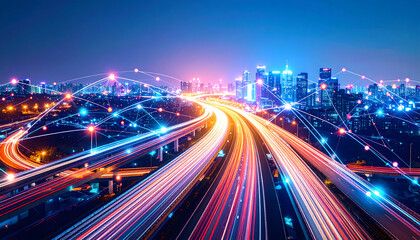 Futuristic Cityscape with Light Trails and Network Connections at Night