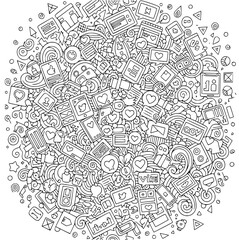 A circular composition of doodle art showcasing a variety of social media icons and digital communication elements