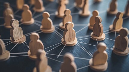 Wooden Figures Connected by Lines, Representing Social Network and Communication