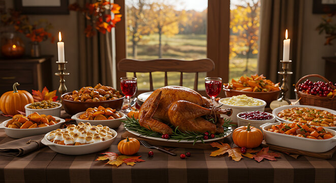 Traditional Thanksgiving table with golden roasted turkey and assorted side dishes, surrounded by harvest decor, evoking warmth, gratitude, and an abundant festive family celebration
