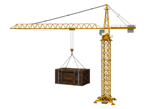 Yellow construction crane lifting wooden crate isolated on transparent background