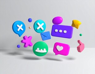 3D Social Media Icons Floating on White Background Communication Concept