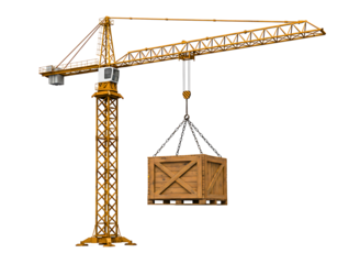 Yellow construction crane lifting wooden crate isolated on transparent background