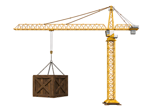 Yellow construction crane lifting wooden crate isolated on transparent background