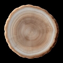 Cross-section of a natural wood log displaying concentric growth rings on a dark background, highlighting organic texture and patterns