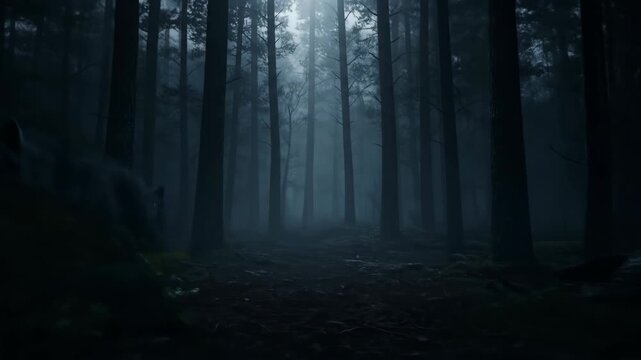 Mysterious wolves in a dark, foggy forest at night