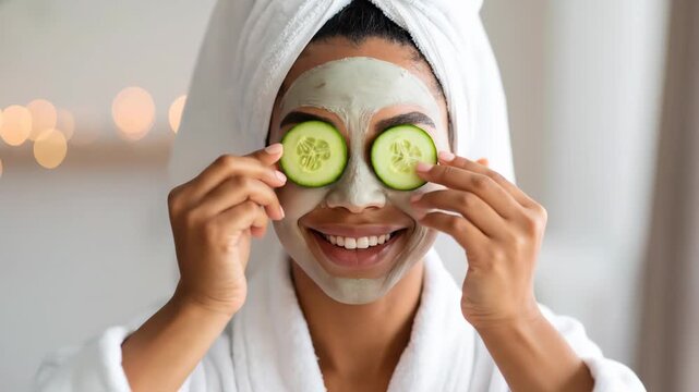 Joyful Woman Enjoying a Relaxing Home Spa Day with a Clay Facial Mask and Cucumber Slices