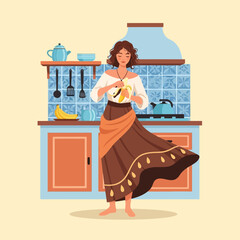 Fototapeta premium Woman Peeling Banana in Kitchen with Traditional Tile Background
