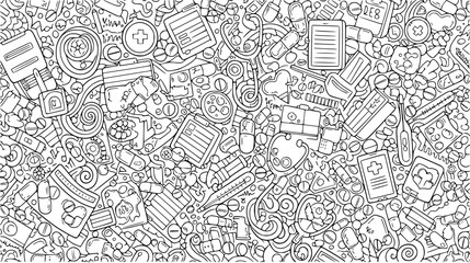Obraz premium A detailed black and white doodle pattern featuring various medical instruments and symbols scattered across the frame