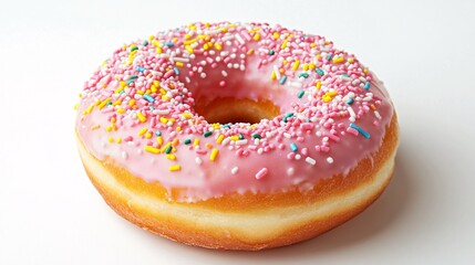 Pink frosted donut with colorful sprinkles, a sweet treat on white