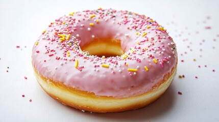 Delicious donut with pink frosting and colorful sprinkles on a white surface