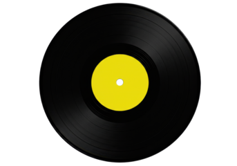 A close-up of a classic black vinyl record with a vibrant yellow label, showcasing its smooth surface and grooves, ideal for music enthusiasts and collectors