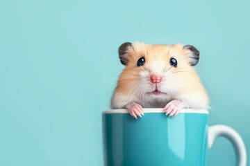 Funny hamster sitting in mug on blue background, front view.