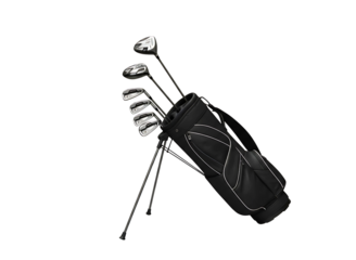 Black golf bag with clubs isolated on transparent background