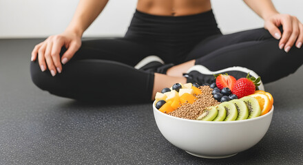 Woman in workout clothes enjoys vibrant healthy fruit bowl after fitness session, embracing wellness and mindful eating for a balanced lifestyle.