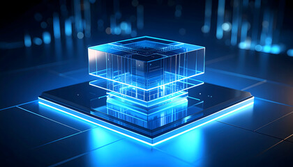 Futuristic Glowing Blue Data Cube with Transparent Layers and Reflections