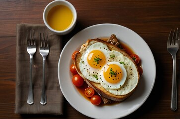 Delicious breakfast of fried eggs on toast with cherry tomatoes and a side of juice