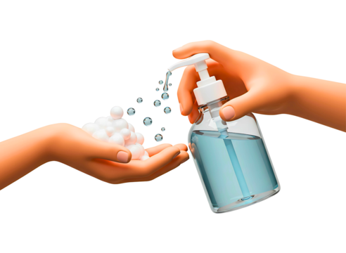 Hand sanitizer being dispensed onto open palm isolated on transparent background
