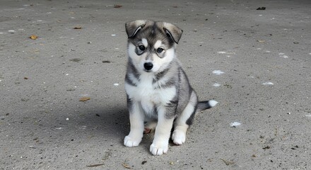 Gray and White Puppy Sitting on Concrete &ndash; Adorable Young Pet Portrait