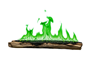 Fototapeta premium Green flames burning on a wooden log isolated on transparent background