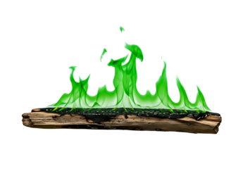 Green flames burning on a wooden log isolated on transparent background
