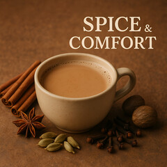 A steaming cup of chai tea surrounded by spices like cinnamon and star anise evokes a feeling of spice and comfort