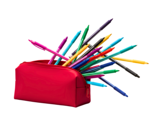 pencil case overflowing with colorful pencils isolated on transparent background