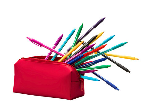 pencil case overflowing with colorful pencils isolated on transparent background