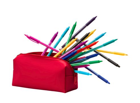 pencil case overflowing with colorful pencils isolated on transparent background
