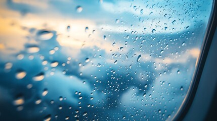 Raindrops on Airplane Window with View of Clouds and Sky at Sunset