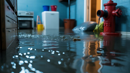 Close up of flooded floor with water ripples and debris