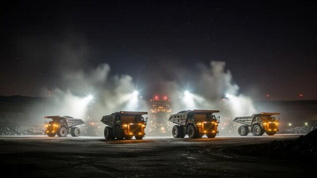 Giant illuminated trucks at mining site