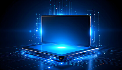 Futuristic Tablet Display with Glowing Circuitry and Abstract Data Streams