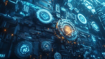 An abstract digital rendering of a complex, intricate network of glowing gears, circuits, and mechanical components, predominantly blue and orange hues, 