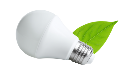Energy saving light bulb with a green leaf as a symbol of eco friendly power