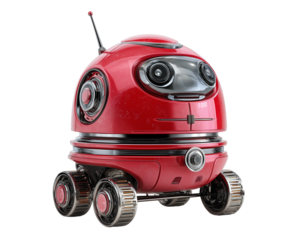 Red robot with antenna and six wheels