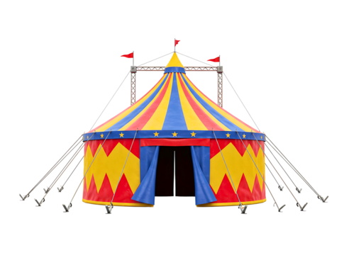 Classic red and yellow striped circus tent isolated on transparent background