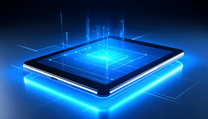 Futuristic Tablet with Glowing Blue Lines and Data Processing Visualization