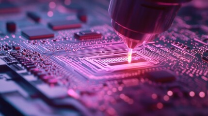 Close-up of a microscopic tool precisely working on a glowing pink circuit board, showcasing intricate technological detail