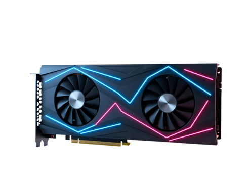 Gaming graphics card with blue and red led lighting isolated on transparent background