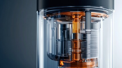 Close-up of a transparent cylindrical device showcasing its intricate internal mechanism, composed of metallic and amber components.  The device rests against a dark, blurred background
