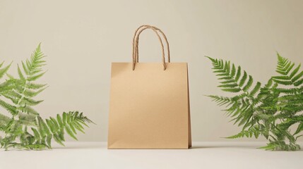Simple brown paper shopping bag with fern leaves on a neutral background.