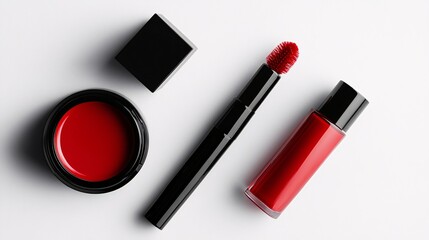 Red lip gloss, mascara and cream eyeshadow on a white surface, beauty