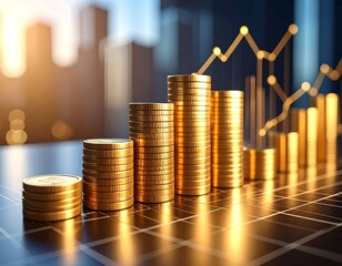 Gold coins stacked in increasing columns against a city backdrop