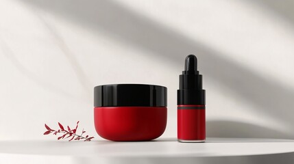 Red cosmetic jar and dropper bottle on white surface with leaf accent